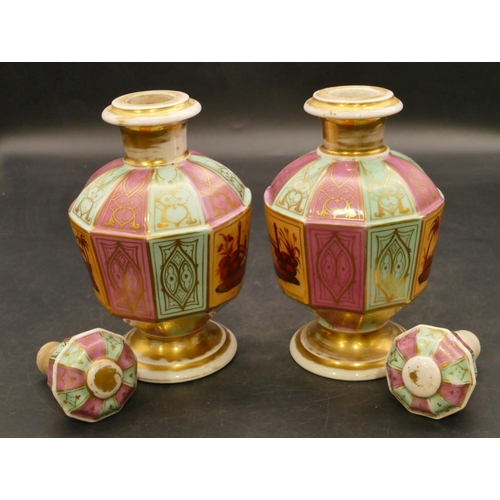 153 - A pair of Paris porcelain round bulbous thin necked scent bottles with stoppers on puce and turquois... 