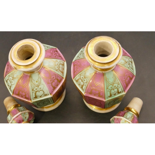 153 - A pair of Paris porcelain round bulbous thin necked scent bottles with stoppers on puce and turquois... 