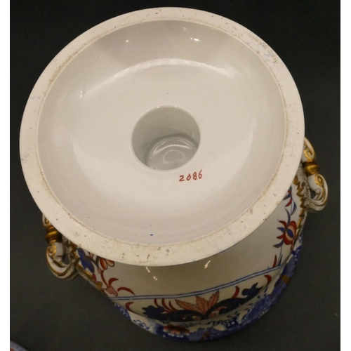 154 - A 19th Century Spode style round bulbous 2-handled trumpet shaped pot with cover on white, blue and ... 