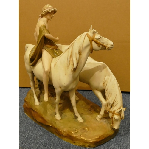 155 - A Royal Dux large china group of young gentlemen with 2 horses (2 ears chipped), 42cm high