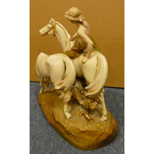 155 - A Royal Dux large china group of young gentlemen with 2 horses (2 ears chipped), 42cm high