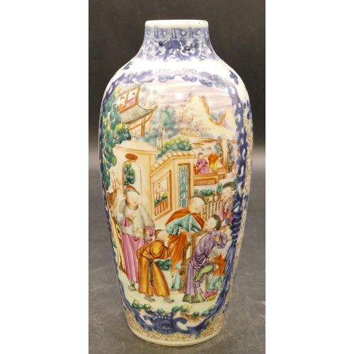 157 - A Chinese 19th Century round bulbous thin necked vase on white and blue ground with multicoloured fi... 