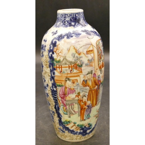 157 - A Chinese 19th Century round bulbous thin necked vase on white and blue ground with multicoloured fi... 