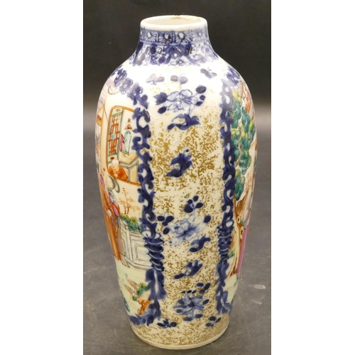 157 - A Chinese 19th Century round bulbous thin necked vase on white and blue ground with multicoloured fi... 