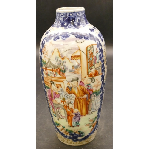 157 - A Chinese 19th Century round bulbous thin necked vase on white and blue ground with multicoloured fi... 