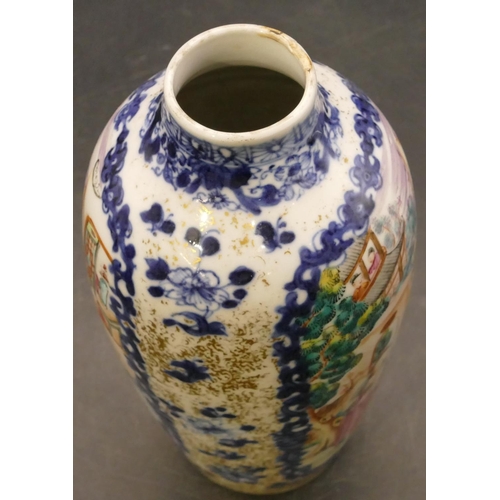 157 - A Chinese 19th Century round bulbous thin necked vase on white and blue ground with multicoloured fi... 