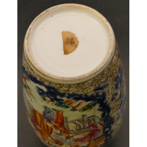 157 - A Chinese 19th Century round bulbous thin necked vase on white and blue ground with multicoloured fi... 