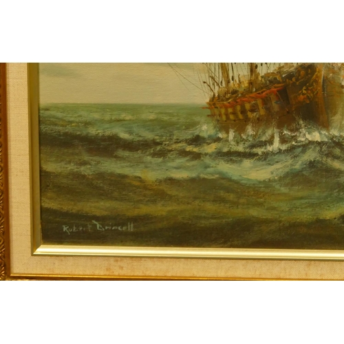 202 - Robert Driscoll, Marine oil on canvas, Sea Battle between two Ships, signed, in gilt frame, 50cm x 6... 