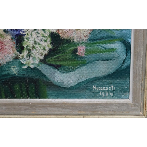 205 - Nicoresti still life, oil on board, bunch of flowers, signed and dated 1954, in white and gilt frame... 