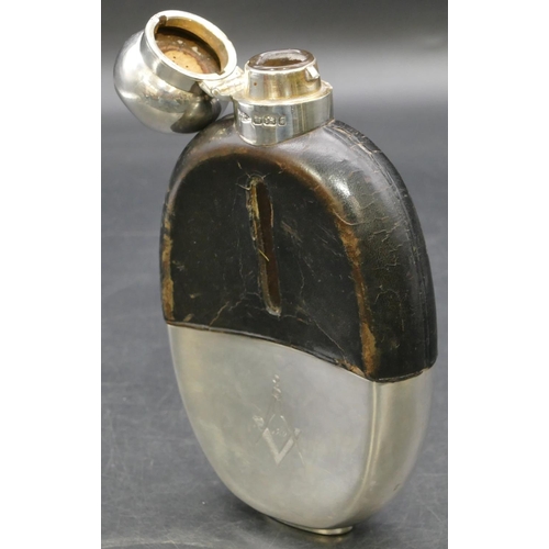 232 - A Victorian glass, leather and silver mounted concave shaped hip flask in detachable case, engraved ... 