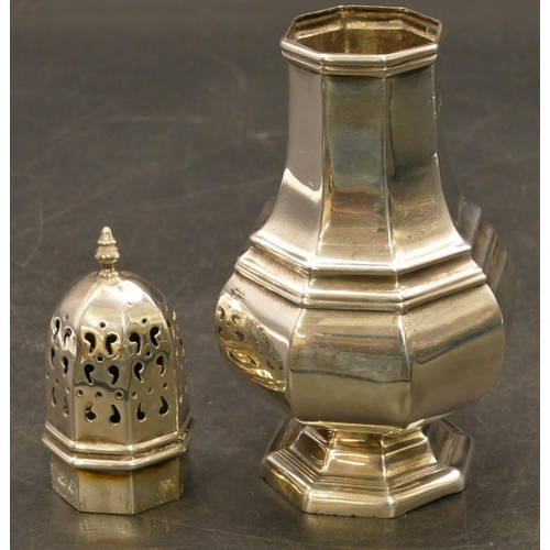 235 - A London silver bulbous sugar caster with chamfer decoration on sweeping base, 16.5cm high, maker's ... 