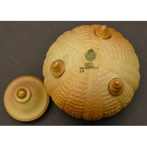 53 - A Royal Worcester blush round bulbous lidded pot with shell shaped lid, 9.5cm high