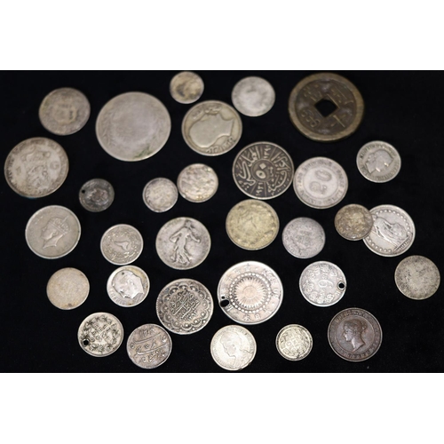 608 - An Oriental bronze coin and a small quantity of various Oriental and other coins, mostly silver