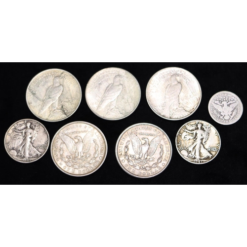 612 - 5 x silver American Dollars, 1889, 1900 and 3 x 1922, 2 x Half Dollars, 1941 and 1943 and a Quarter ... 