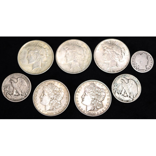 612 - 5 x silver American Dollars, 1889, 1900 and 3 x 1922, 2 x Half Dollars, 1941 and 1943 and a Quarter ... 