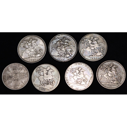 614 - A Victorian silver Double Florin, 1887 and 6 silver Crowns, 1819, 1822, 1887, 1889 x 2, 1891, 189 gr... 