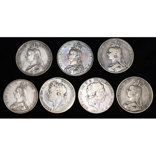 614 - A Victorian silver Double Florin, 1887 and 6 silver Crowns, 1819, 1822, 1887, 1889 x 2, 1891, 189 gr... 