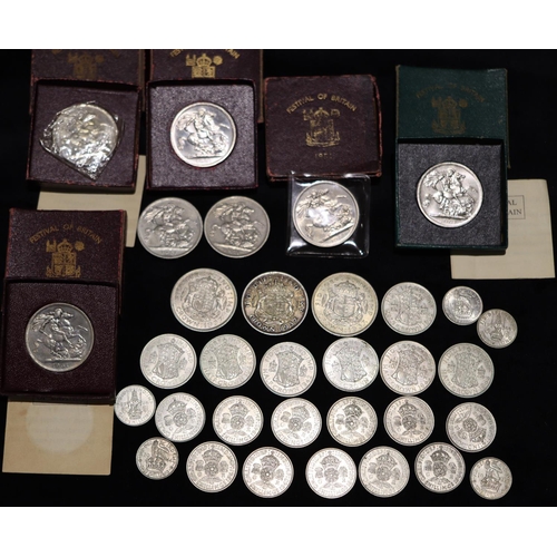 615 - 5 Festival of Britain, 1951 Crown (all boxed), 3 silver Crown, 1937 and a quantity of various silver... 