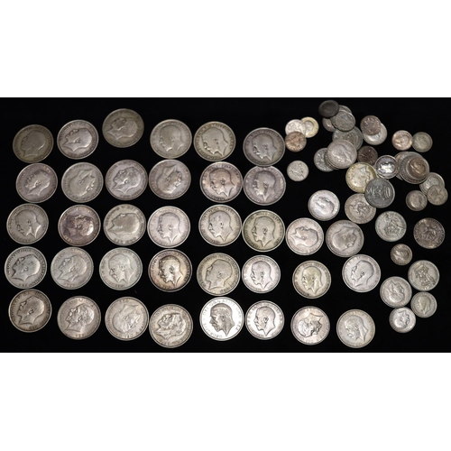 616 - Silver Half Crowns, 8 silver One Florins and a small quantity of various smaller coins, 608 grams