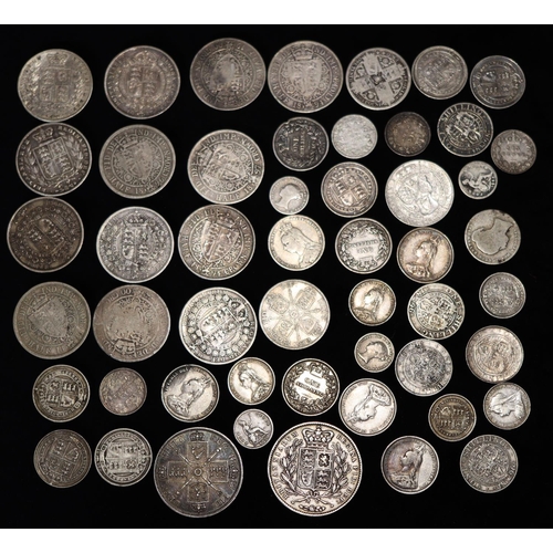 619 - An early Victorian silver Crown, 1847, a silver Double Florin, 1887 and a quantity of various 19th C... 