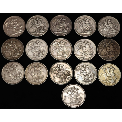 620 - An 1887 silver Crown, 15 other Victorian silver Crowns, 4 x 1889, 2 x 1890, 3 x 1891, 2 x 1892, 2 x ... 