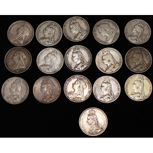 620 - An 1887 silver Crown, 15 other Victorian silver Crowns, 4 x 1889, 2 x 1890, 3 x 1891, 2 x 1892, 2 x ... 