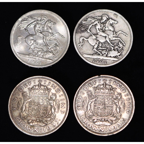 625 - 2 x 1937 silver Crowns, a silver Crown, 1902 and another Crown, 1951 (4)