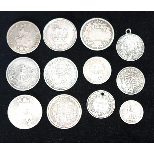 627 - A George IV silver coin, 1829, a silver Sixpence, 1834 and 9 various silver coins, 1816, 1817, 1836,... 