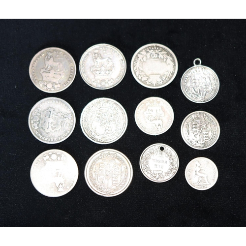 627 - A George IV silver coin, 1829, a silver Sixpence, 1834 and 9 various silver coins, 1816, 1817, 1836,... 