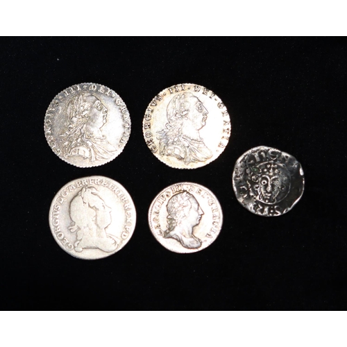 628 - Henry II silver Penny, George III silver 3D, 1863, George I silver coin, 1723, George III silver coi... 