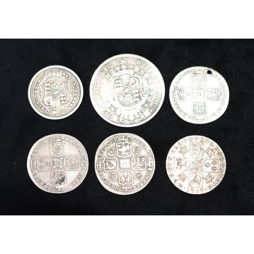 629 - 3 George II silver coins, 1743, 2 x 1758 and 3 George III silver coins, 1787, 1816 and 1817, 42.6 gr... 