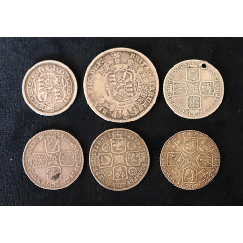 629 - 3 George II silver coins, 1743, 2 x 1758 and 3 George III silver coins, 1787, 1816 and 1817, 42.6 gr... 