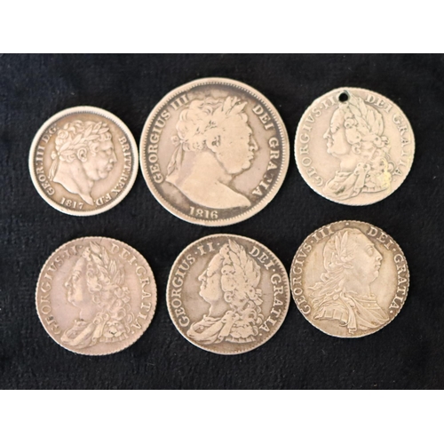 629 - 3 George II silver coins, 1743, 2 x 1758 and 3 George III silver coins, 1787, 1816 and 1817, 42.6 gr... 