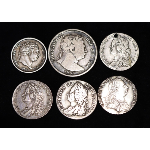 629 - 3 George II silver coins, 1743, 2 x 1758 and 3 George III silver coins, 1787, 1816 and 1817, 42.6 gr... 