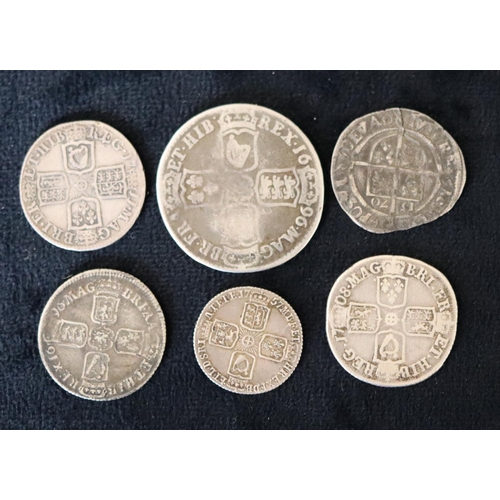 630 - Elizabeth I 15th Century silver coin, 1570, 2 William III silver coins, 1696, 2 Queen Anne silver co... 