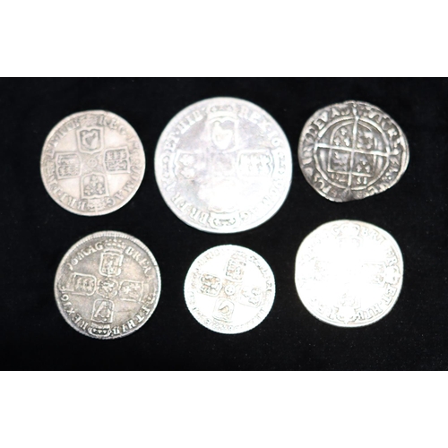 630 - Elizabeth I 15th Century silver coin, 1570, 2 William III silver coins, 1696, 2 Queen Anne silver co... 