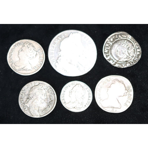 630 - Elizabeth I 15th Century silver coin, 1570, 2 William III silver coins, 1696, 2 Queen Anne silver co... 