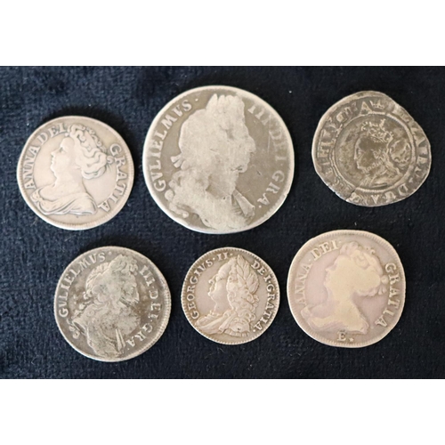 630 - Elizabeth I 15th Century silver coin, 1570, 2 William III silver coins, 1696, 2 Queen Anne silver co... 