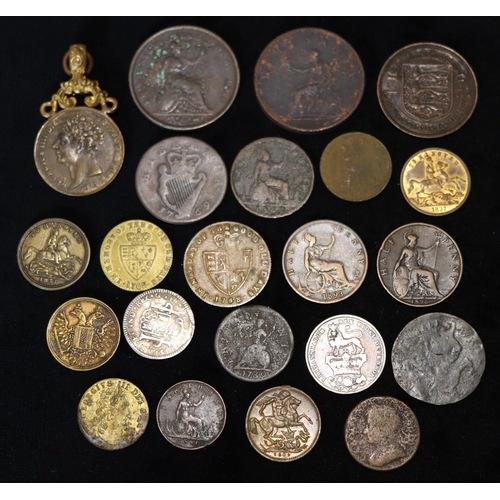 631 - An Irish bronze 18th Century coin, 1769, George VI bronze coin, 1826 and a quantity of various coins... 