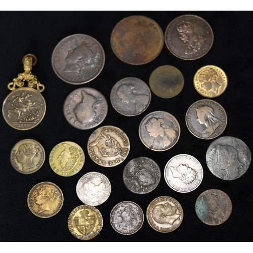 631 - An Irish bronze 18th Century coin, 1769, George VI bronze coin, 1826 and a quantity of various coins... 