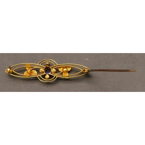 652 - A 15ct gold brooch set with centre sapphire and seed pearls, 4.4cm wide, 3.5 grams gross