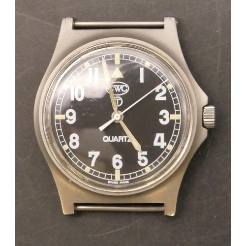 654 - CWC Military Quartz wristwatch (no strap) with black dial, seconds hand and Arabic numerals (working... 