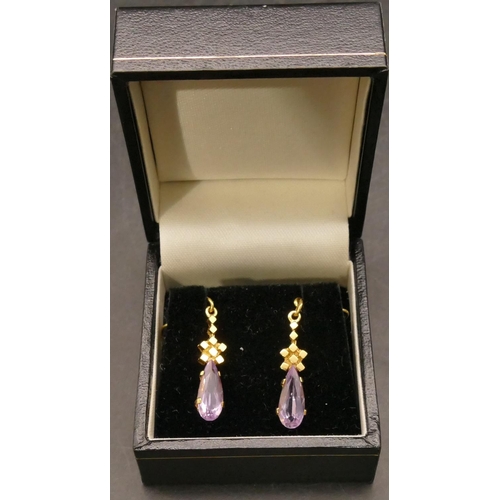 657 - A pair of 9ct gold amethyst drop earrings, 4cm long, 3.2 grams gross