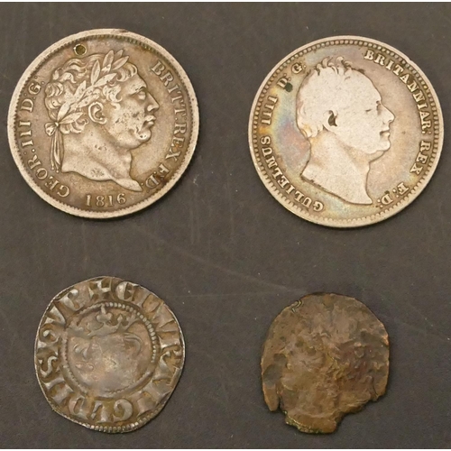 664 - An early silver coin (possibly a French Medieval Denier coin), an 1834 Shilling, a similar coin and ... 