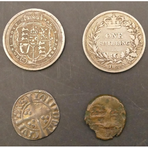 664 - An early silver coin (possibly a French Medieval Denier coin), an 1834 Shilling, a similar coin and ... 