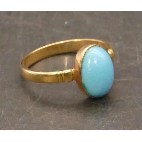 674 - A gold ladies' ring set with oval turquoise, Size N/O, 2.3 grams gross