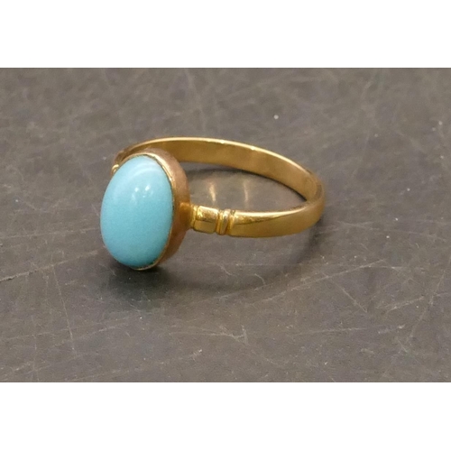 674 - A gold ladies' ring set with oval turquoise, Size N/O, 2.3 grams gross