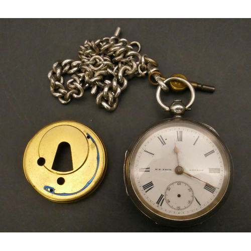 676 - H E Peck, London silver open faced pocket watch with white enamel dial, seconds dial (hands missing)... 