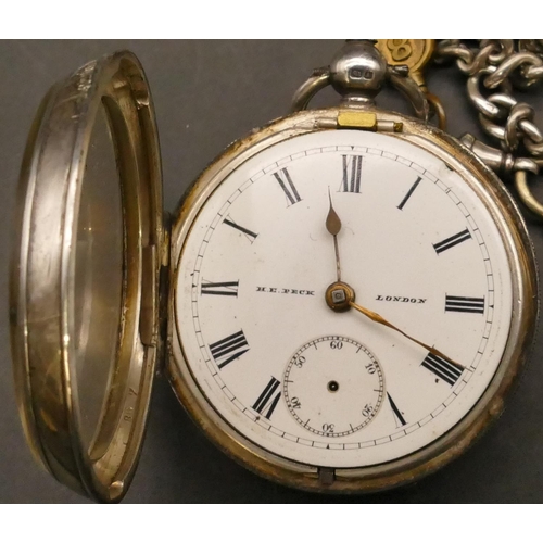 676 - H E Peck, London silver open faced pocket watch with white enamel dial, seconds dial (hands missing)... 