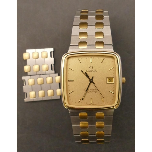 681 - An Omega Seamaster Quartz Gent's square dial wristwatch with gilt dial with seconds hand and calenda... 